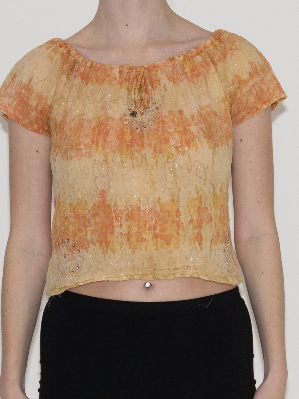 Y2k orange off the shoulder blouse sparkly embroidered size medium lotus
